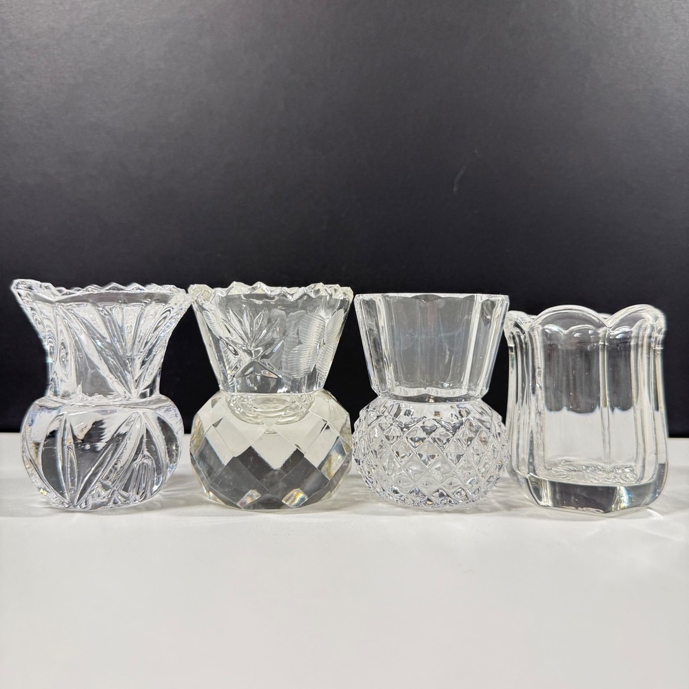Vintage Crystal Glass Toothpick Holder Set 4 Assorted Cut Glass Bud Vases Clear